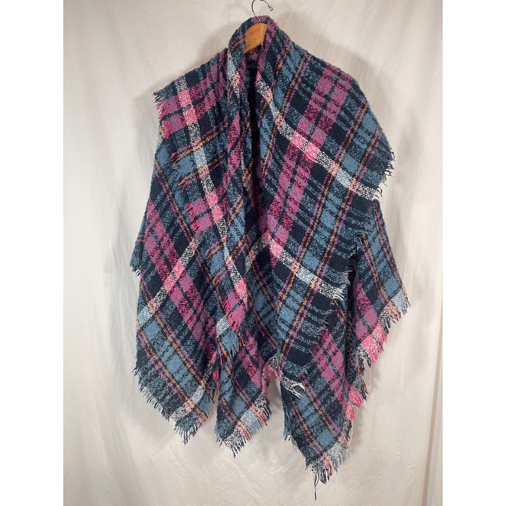Quagga Womens Plaid Blanket Scarf Oversized Square Fringe Wrap Blue Pink Orange